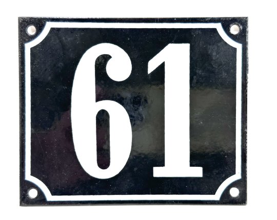 Altes Emaille Schild Hausnummer 61 emailliert Hausnummernschild Schwarz #7471