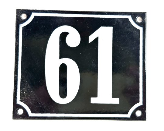 Altes Emaille Schild Hausnummer 61 emailliert Hausnummernschild Schwarz #7472