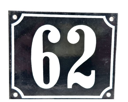 Altes Emaille Schild Hausnummer 62 emailliert Hausnummernschild Schwarz #7474