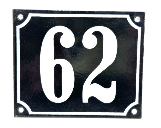 Altes Emaille Schild Hausnummer 62 emailliert Hausnummernschild Schwarz #7475