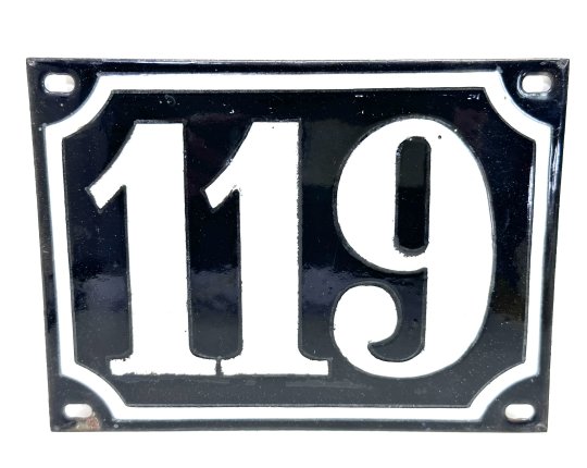 Altes Emaille Schild Hausnummer 119 emailliert Hausnummernschild Schwarz #7522