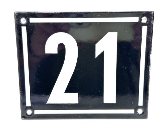 Altes Emaille Schild Hausnummer 21 emailliert Hausnummernschild Schwarz #7527
