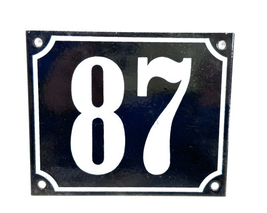 Altes Emaille Schild Hausnummer 87 emailliert Hausnummernschild Schwarz #7562