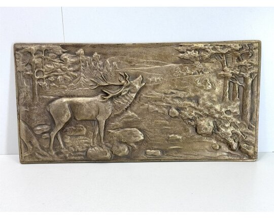 Vintage Messing Relief Gussbild Ofenplatte Jagd Landhaus Shabby Deko #9302