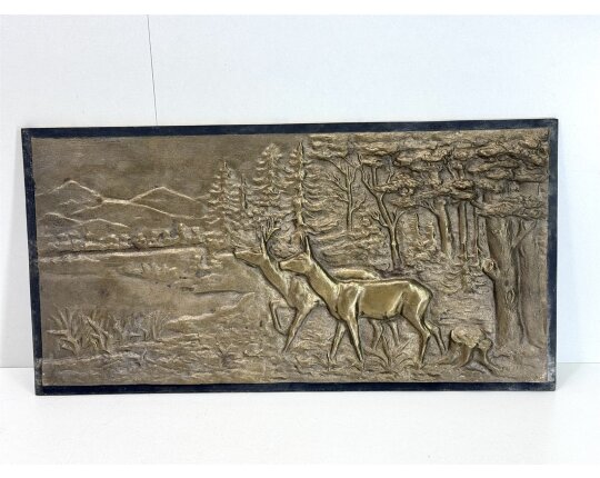Vintage Messing Relief Gussbild Ofenplatte Jagd Landhaus Shabby Deko #9303